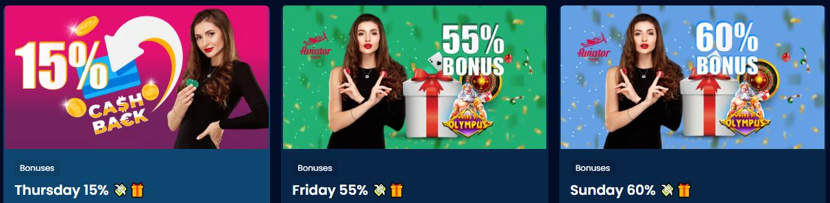 Get cashback and reload bonuses up to 150% every week at the casino