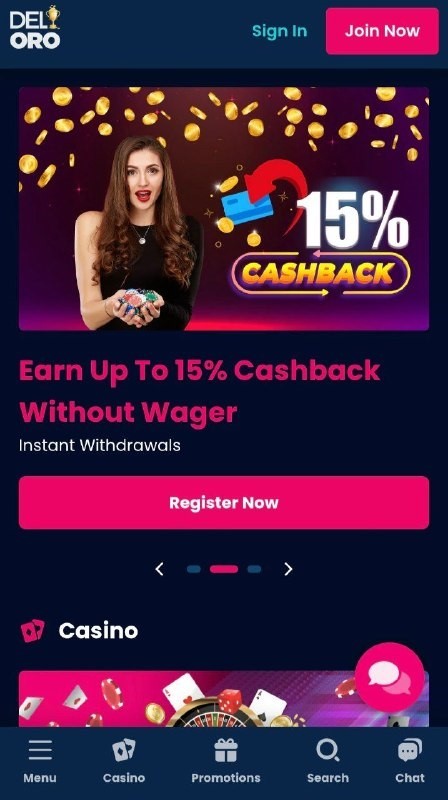 Get up to 15% cashback without wagering requirements in Del Oro app