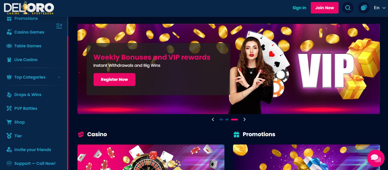 Visit Del Oro Casino homepage with VIP rewards