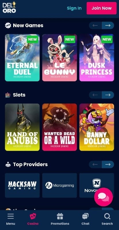 Explore new slots and top providers in Del Oro Casino mobile app