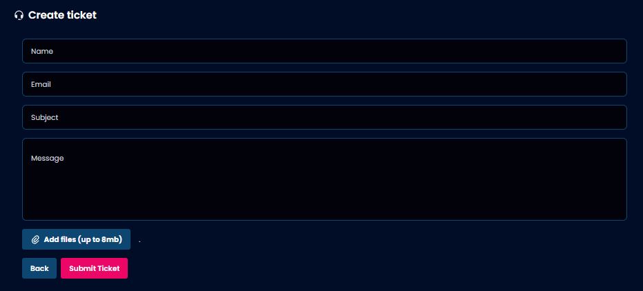 Submit a support ticket by filling in your name, email and message 
